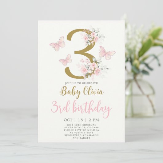 Butterfly 3e verjaardag uitnodiging (Staand voorkant)