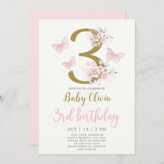 Butterfly 3e verjaardag uitnodiging (Voorkant / Achterkant)