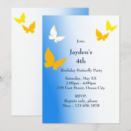 Butterfly 4th Birthday Party Invitation Kaart (Voorkant / Achterkant)