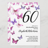 Butterfly 60ste Verjaardag Uitnodiging in Roze/Paa (Voorkant / Achterkant)