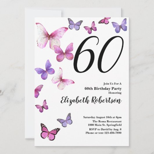 Butterfly 60ste Verjaardag Uitnodiging in Roze/Paa (Voorkant)