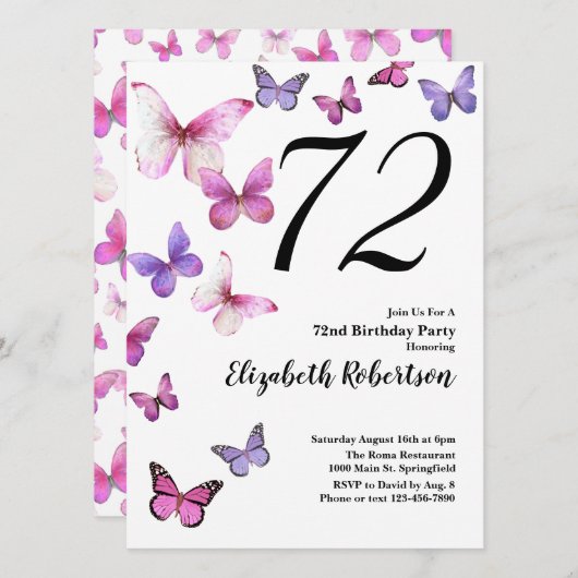 Butterfly 72e verjaardag uitnodiging in roze / Paa (Voorkant / Achterkant)