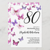 Butterfly 80ste Verjaardag Uitnodiging in Roze/Paa (Voorkant / Achterkant)