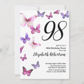 Butterfly 98th Birthday Invitation in Pink Purple Kaart (Voorkant)