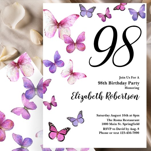 Butterfly 98th Birthday Invitation in Pink Purple Kaart