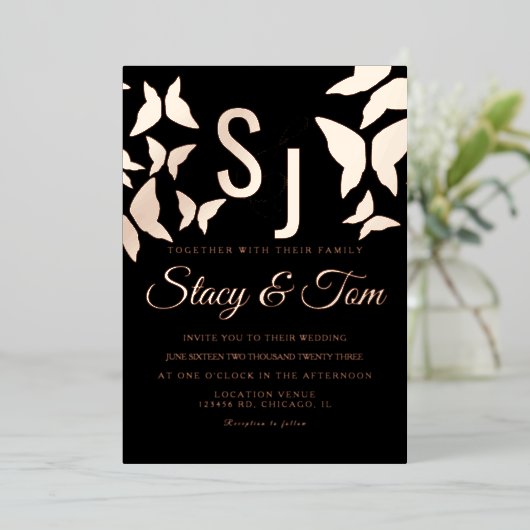 Butterfly Ampersand Ppress Black Folie Invitation Folie Uitnodiging (Staand Voorkant)