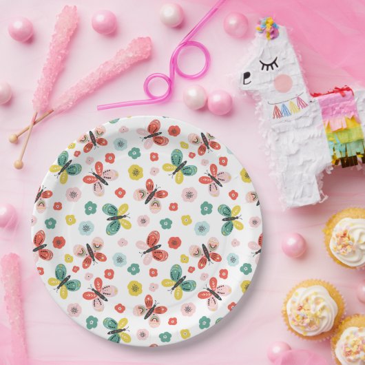 Butterfly And Floral Pattern  Papieren Bordje (Feest)