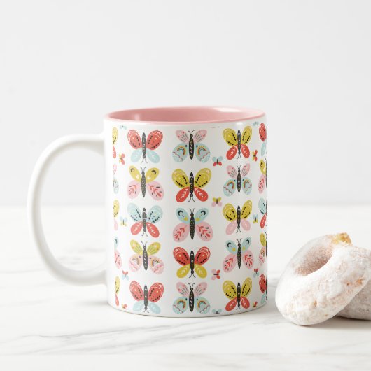 Butterfly And Floral Pattern  Tweekleurige Koffiemok (Met donut)