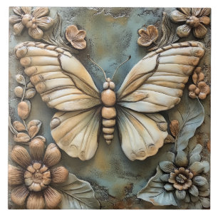 Butterfly and Flowers Botanical Faux Relief Tegeltje