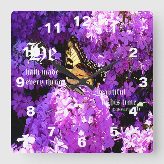 Butterfly and Phlox with Ecclesiastes 3:11 Vierkante Klok (Voorkant)
