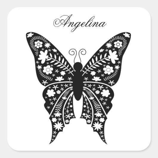 Butterfly Artsy Elegante Zwart-wit Naam Vierkante Sticker (Voorkant)
