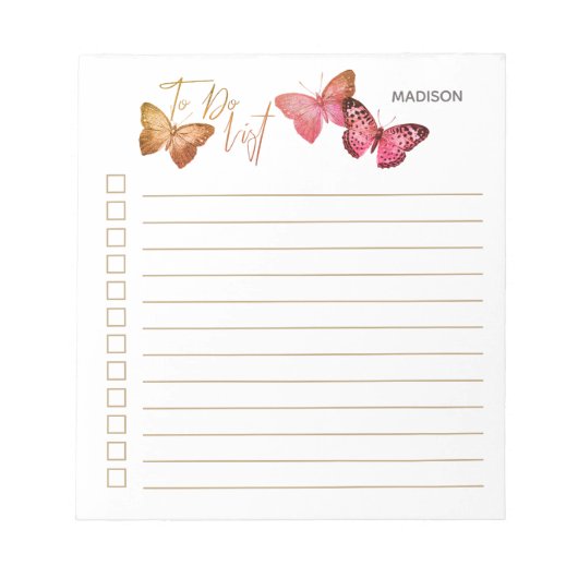 Butterfly Autumn Pink Personalized Checklist Notitieblok (Voorkant)