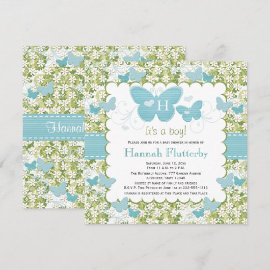 Butterfly Baby Boy Shower Invitations Monogrammed Kaart (Voorkant / Achterkant)