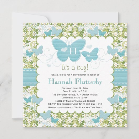 Butterfly Baby Boy Shower Invitations Monogrammed Kaart (Voorkant)