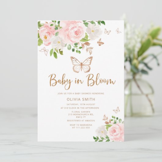 Butterfly Baby in Bloom Blush gouden baby shower Kaart (Staand voorkant)