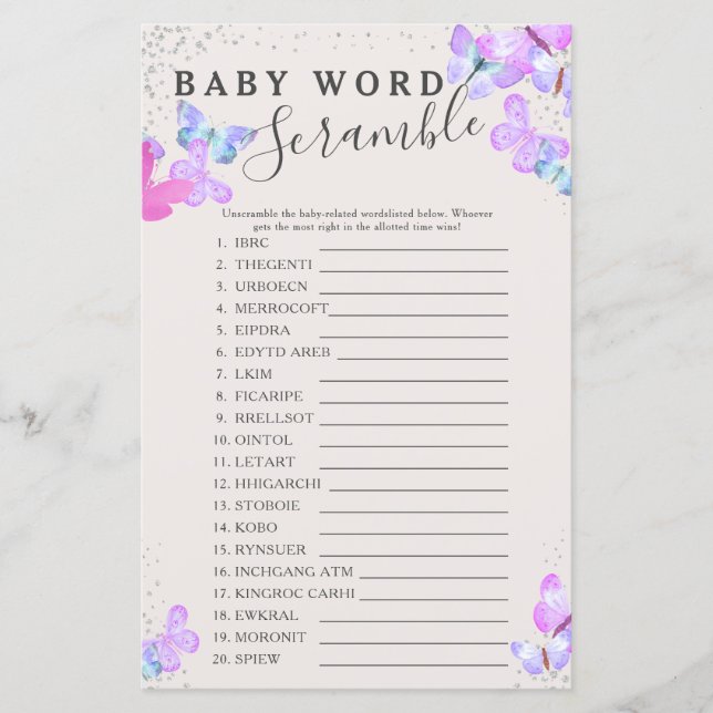 Butterfly Baby shower Baby Word Scramble Game (Voorkant)