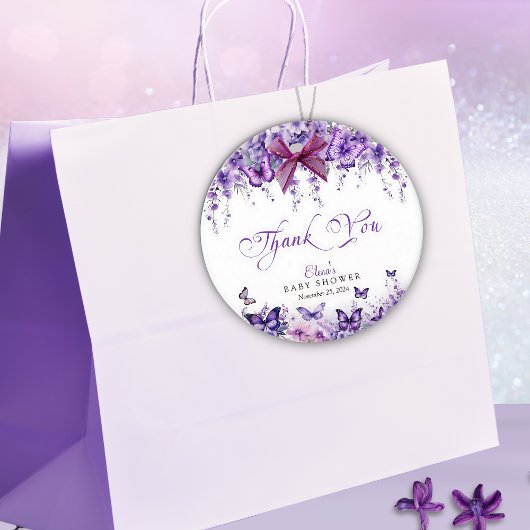 Butterfly Baby shower Elegante Paarse Bloemen Bedankjes Labels
