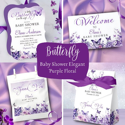 Butterfly Baby shower Elegante Paarse Bloemen Bedankkaart
