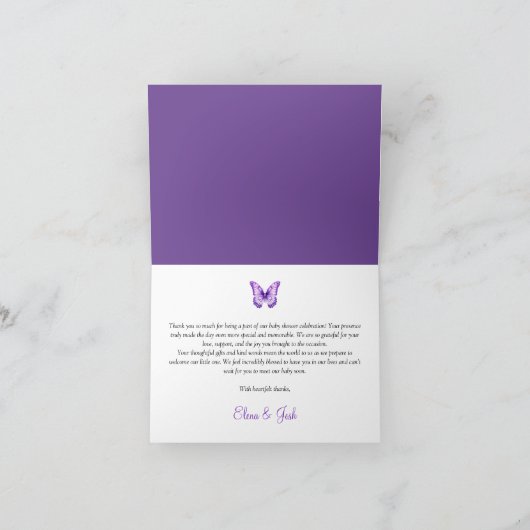 Butterfly Baby shower Elegante Paarse Bloemen Bedankkaart (Binnen)