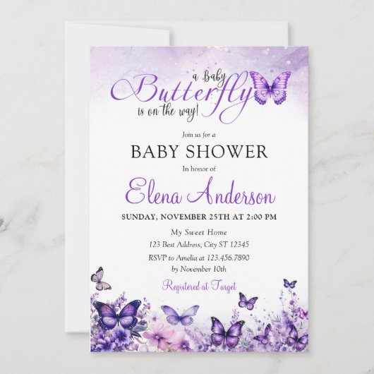 Butterfly Baby shower Elegante Paarse Bloemen Kaart (Voorkant)