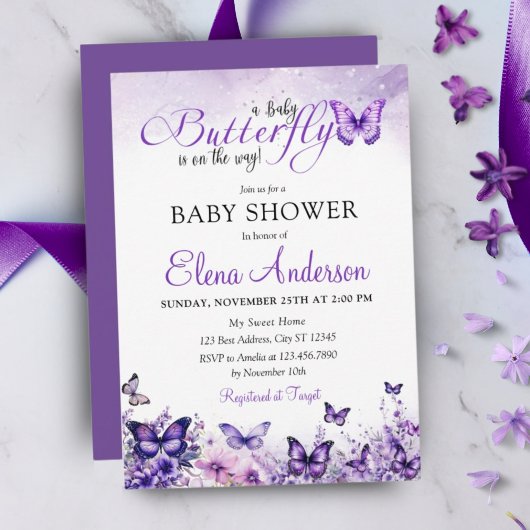 Butterfly Baby shower Elegante Paarse Bloemen Kaart