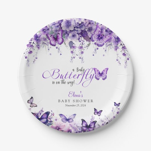 Butterfly Baby shower Elegante Paarse Bloemen Papieren Bordje (Voorkant)