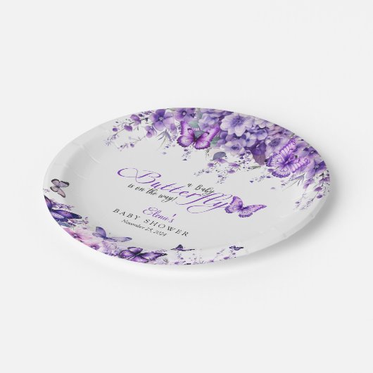 Butterfly Baby shower Elegante Paarse Bloemen Papieren Bordje (Gekanteld)