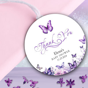 Butterfly Baby shower Elegante Paarse Bloemen Ronde Sticker