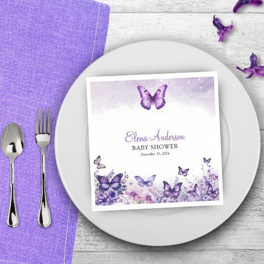 Butterfly Baby shower Elegante Paarse Bloemen Servet