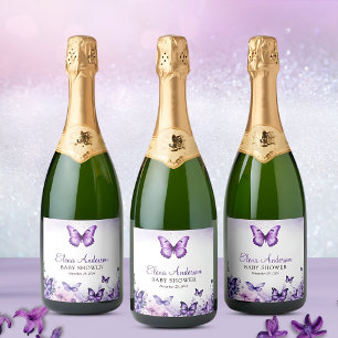 Butterfly Baby shower Elegante Paarse Bloemen Sparkling Wijnetiket