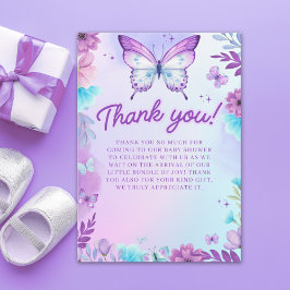 Butterfly Baby Shower Girl with Purple flowers Bedankkaart