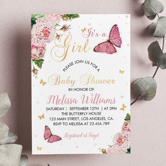 Butterfly Baby shower Invitation Baby Girl Kaart