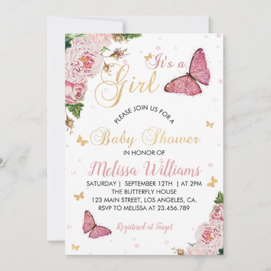 Butterfly Baby shower Invitation Baby Girl Kaart (Voorkant)