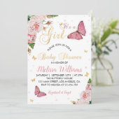 Butterfly Baby shower Invitation Baby Girl Kaart (Staand voorkant)