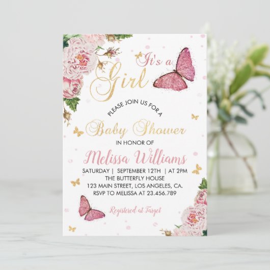 Butterfly Baby shower Invitation Baby Girl Kaart (Staand voorkant)