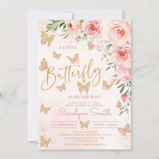 Butterfly Baby shower Invitation girl Kaart (Voorkant)