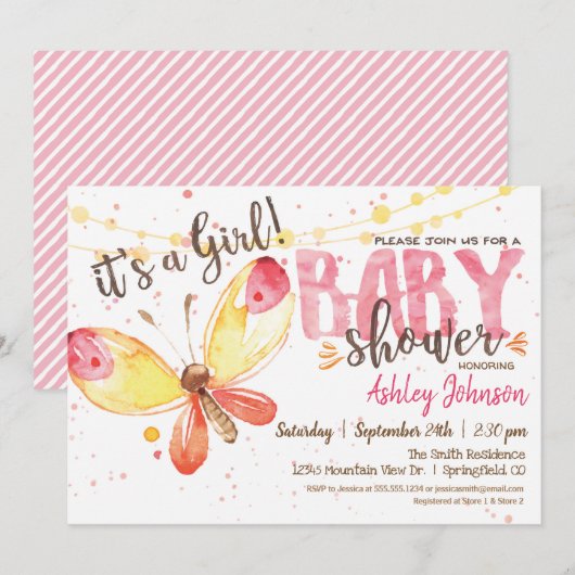 Butterfly Baby shower Invitation, het is een meisj Kaart (Voorkant / Achterkant)