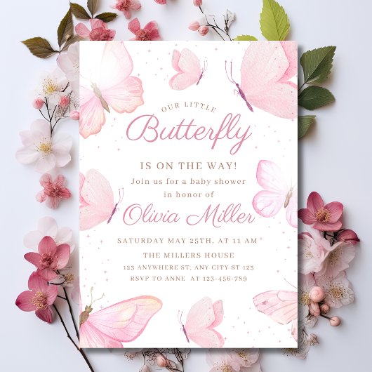 Butterfly Baby shower Invitation, Roze Baby Girl