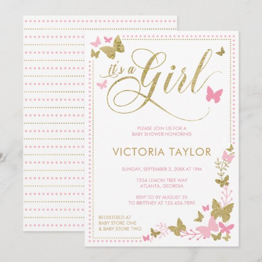 Butterfly Baby shower Invitation, roze, goud Kaart (Voorkant / Achterkant)
