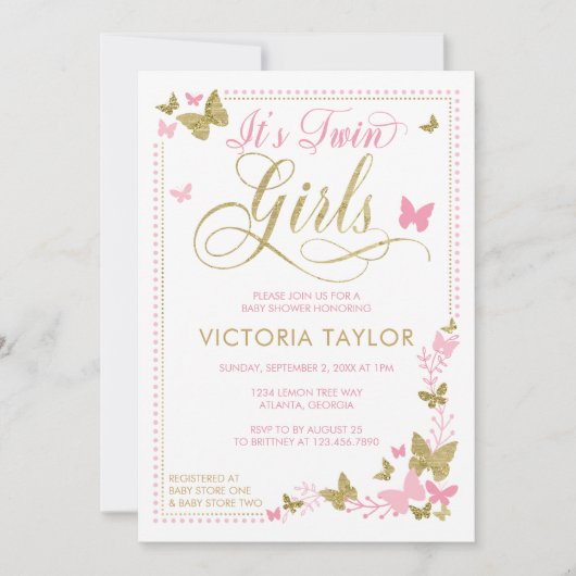 Butterfly Baby shower Invitation, roze, goud Kaart (Voorkant)