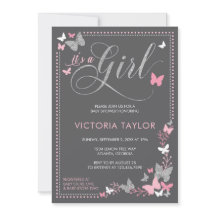 Butterfly Baby shower Invitation, roze, grijs