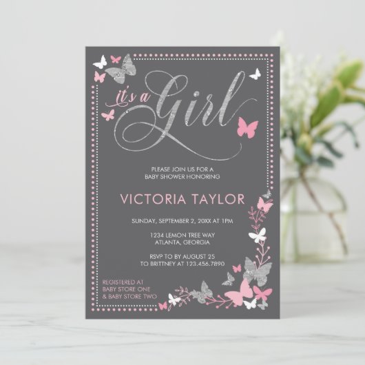 Butterfly Baby shower Invitation, roze, grijs Kaart (Staand voorkant)