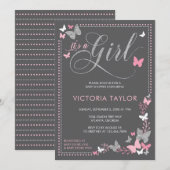 Butterfly Baby shower Invitation, roze, grijs Kaart (Voorkant / Achterkant)