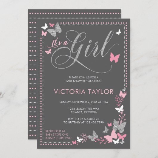 Butterfly Baby shower Invitation, roze, grijs Kaart (Voorkant / Achterkant)
