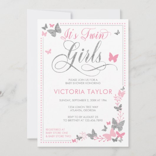 Butterfly Baby shower Invitation, roze, zilver Kaart (Voorkant)