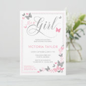 Butterfly Baby shower Invitation, roze, zilver Kaart (Staand voorkant)