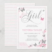 Butterfly Baby shower Invitation, roze, zilver Kaart (Voorkant / Achterkant)