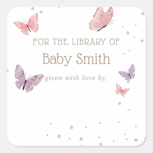 Butterfly Baby shower Library Square Square Square Vierkante Sticker (Voorkant)
