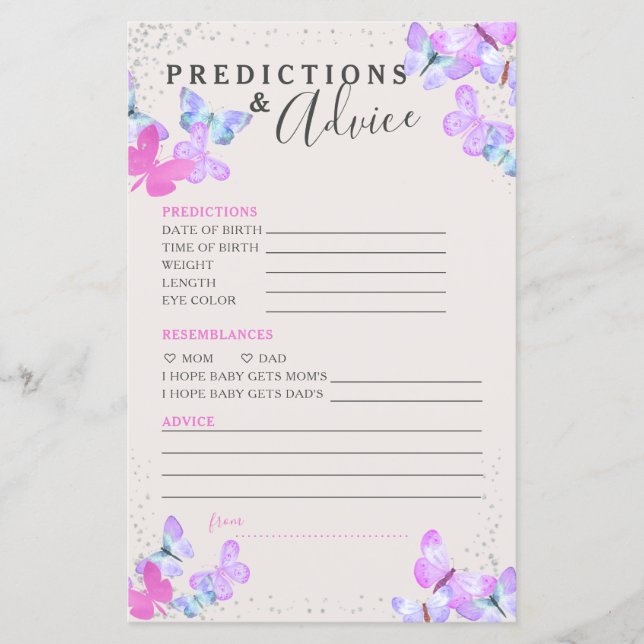 Butterfly Baby shower Predications and Advice Kaar (Voorkant)