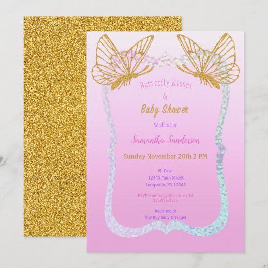 Butterfly Baby shower Roze en Gouden Glitter Kaart (Voorkant / Achterkant)